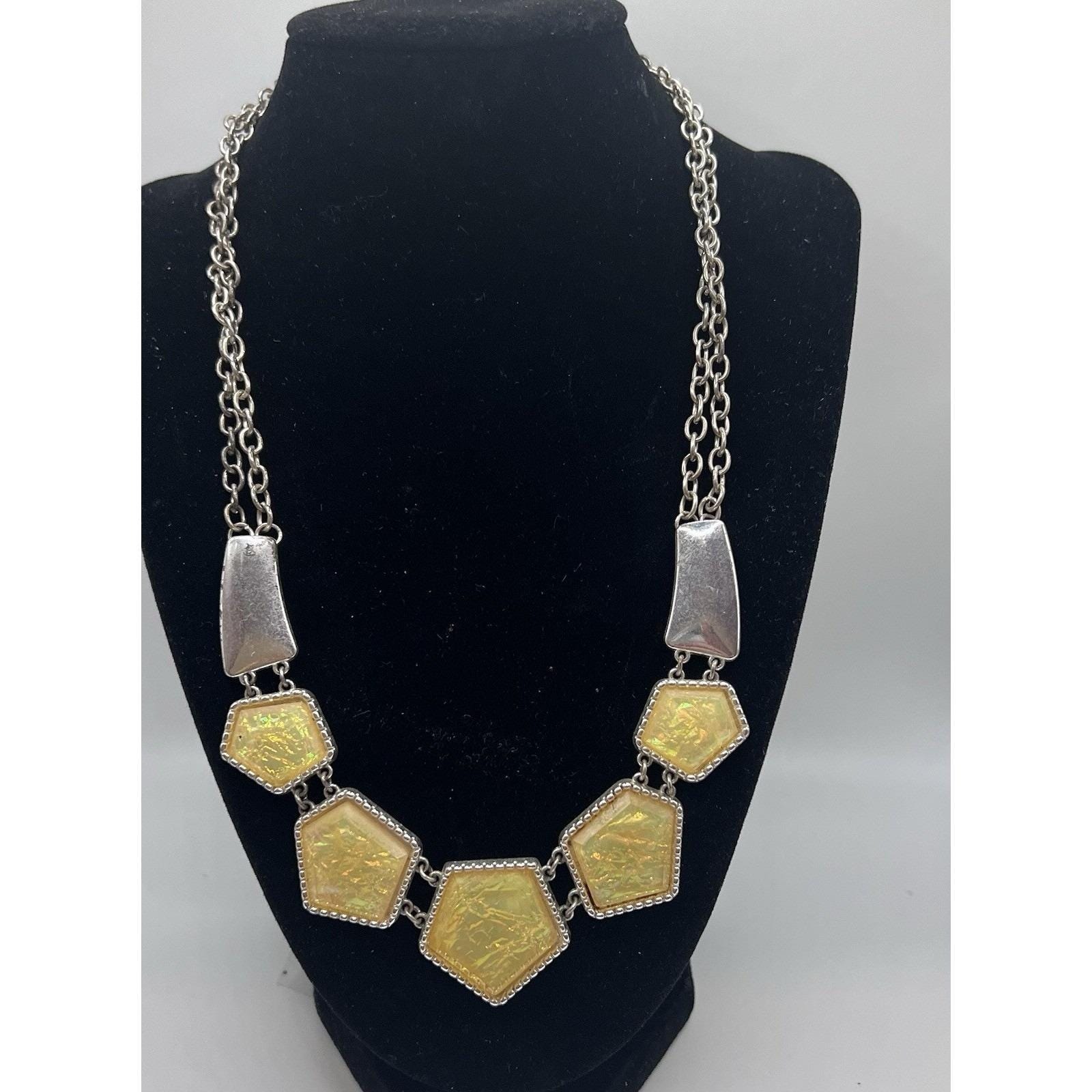 Etcetera Yellow Foil Back Resin Bib Necklace Silver Tone Double Strand Chain